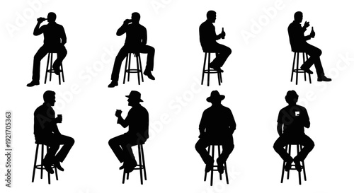Silhouettes of men sitting on stools drinking and smoking.