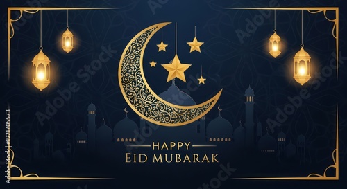 Wallpaper Mural Ornate golden crescent moon and stars illuminate a dark blue religious skyline design wishing happiness Torontodigital.ca