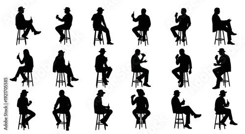 Collection of Silhouettes of People Sitting on Stools in Various Poses.