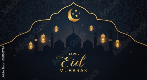 Wallpaper Mural Golden crescent moon and illuminated lanterns hang above a silhouetted mosque at night for a festive occasion Torontodigital.ca