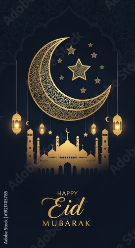 Wallpaper Mural Ornate golden crescent moon and stars illuminate a silhouette of a place of worship against a dark background Torontodigital.ca