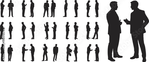 Conversation silhouettes flat vector illustration showing two people interacting, gesturing, standing face-to-face, communication poses, social interaction body language design