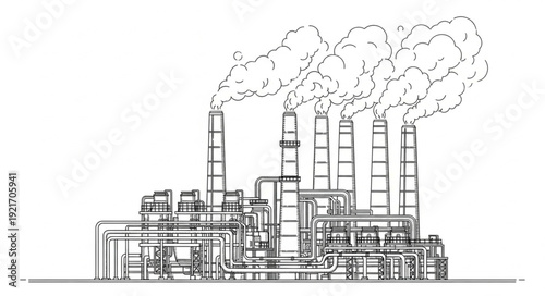 Industrial Factory with Smokestacks Emitting Smoke.