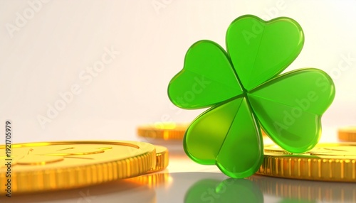 Translucent Green Glass Shamrock Standing Near Golden Coins