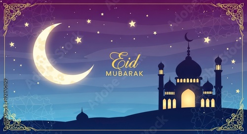 Wallpaper Mural Glowing crescent moon hangs above a silhouette of an illuminated mosque under a starry night sky Torontodigital.ca