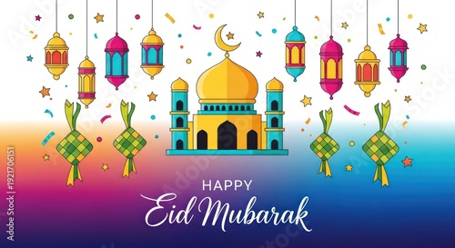 Wallpaper Mural Colorful festive illustration featuring a mosque, hanging lanterns, and decorative food items against a gradient background Torontodigital.ca