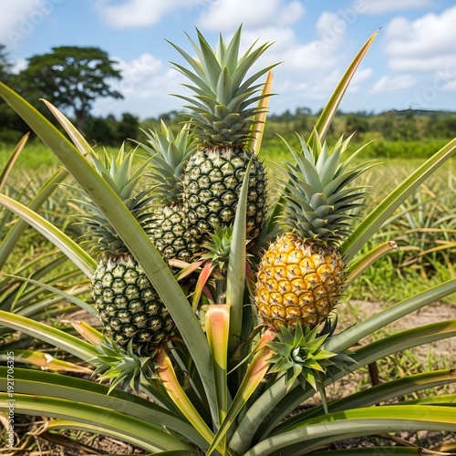 Ripe golden pineapples growing on farm in tropical plantation with green leaves under bright sunlight