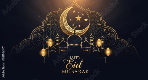 Wallpaper Mural Ornate golden silhouette of a mosque complex beneath a crescent moon and stars conveys a celebratory greeting against a dark background Torontodigital.ca