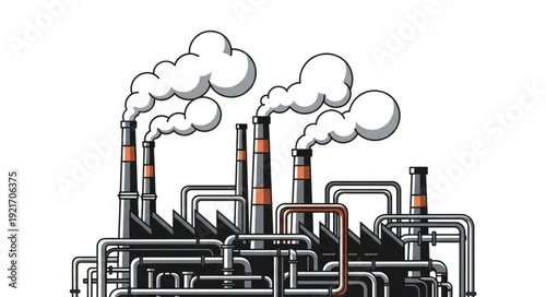 Industrial Factory with Smokestacks Emitting Pollution.