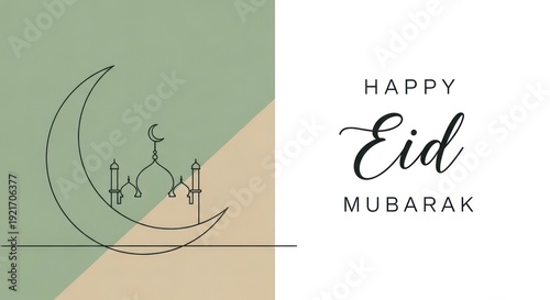 Wallpaper Mural Minimalist greeting card features continuous line art of a sacred building silhouette upon a crescent moon against a divided pastel background Torontodigital.ca