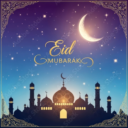 Wallpaper Mural Ornate night scene features a glowing crescent moon above a silhouette of a mosque and starry sky Torontodigital.ca