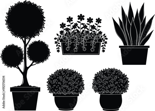 Black plant silhouette collection featuring round topiary trees potted flowers in boxes and indoor greenery for elegant home garden decoration vector design assets set.