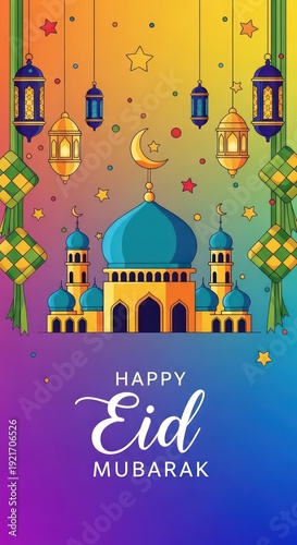 Wallpaper Mural Vibrant religious greeting card design featuring traditional illuminated lanterns and an architectural structure beneath a crescent moon Torontodigital.ca