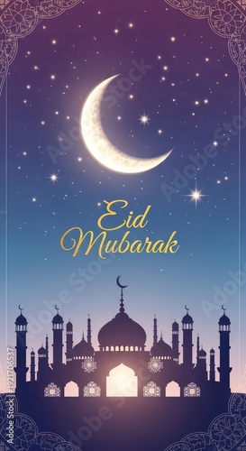 Wallpaper Mural Glowing crescent moon shines above a silhouetted religious structure against a starry night sky Torontodigital.ca