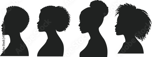 Silhouettes of four diverse female profiles with unique hairstyles, showcasing natural beauty, cultural identity, and personal expression for fashion, diversity, and creative stock concepts.