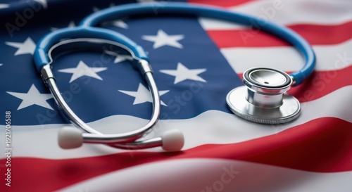 Medical stethoscope lying on american flag for healthcare and national service