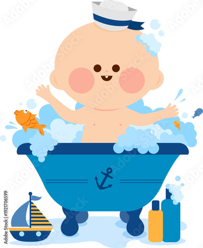 Cute sailor baby in a bath tub taking a bubble bath and playing with his toy boat and fish. Little child toddler washing in a bathtub in the bathroom with shampoo. Vector illustration
