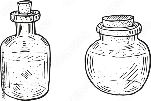 Two antique glass potion bottles with cork stoppers 
