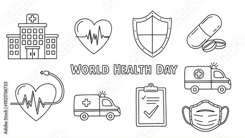 World health day icons and symbols for healthcare and wellness