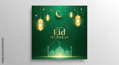 Wallpaper Mural Festive greeting design features illuminated lanterns hanging against a gradient green background with golden crescent moon and mosque silhouette Torontodigital.ca