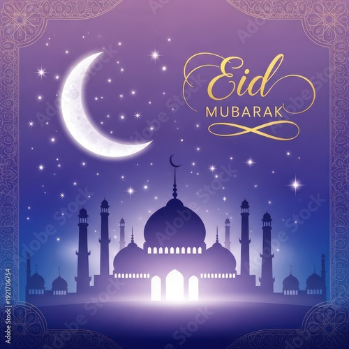 Wallpaper Mural Celestial nighttime scene features glowing crescent moon above an illuminated mosque silhouette against a starry purple and blue gradient sky. Torontodigital.ca