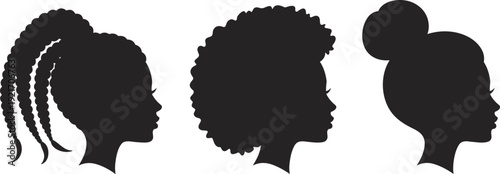 Silhouettes of three diverse female profiles with braided ponytail, afro hairstyle, and high bun, symbolizing natural beauty, cultural identity, and personal expression for creative stock concepts.
