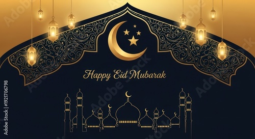 Wallpaper Mural Ornate Islamic celebration greeting card design featuring golden mosque silhouettes and glowing lanterns against a dark background Torontodigital.ca