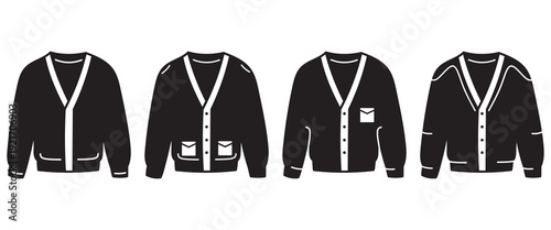 Simple black and white vector icons of comfortable fashion cardigan sweaters