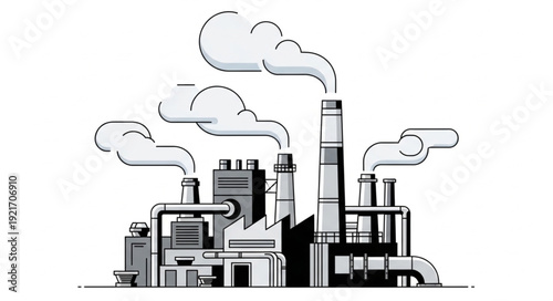 Industrial Factory with Smokestacks Emitting Smoke.