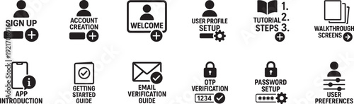 User onboarding line editable icon set with registration, profile, and tutorial symbols EPS