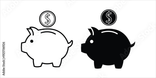 Black and white piggy banks with coins on top