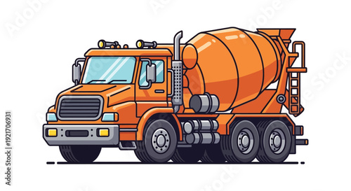 A brightly colored cartoon illustration depicts a concrete mixer truck showcasing a distinct silhouette high quality professional detailed modern elegant stylish