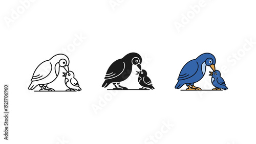 Charming vector illustration of a parent penguin nurturing its baby chick, depicting warmth and family bonds in a clean, modern style ideal for educational and emotional content.