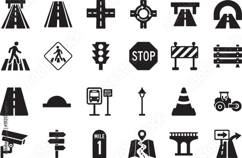 Road infrastructure icon set with highway, bridge and traffic symbols in editable vector EPS