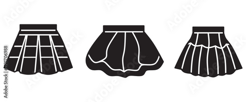 Various black skirt icons illustrating pleated and flared fashion clothing styles