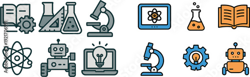 Collection of icons showcasing elements of education including books, lab equipment, a robot, and an atom, emphasizing science and technology themes.