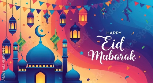 Wallpaper Mural Festive graphic featuring a mosque silhouette beneath hanging lanterns and celebratory banners Torontodigital.ca