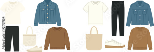 A casual clothing ensemble showcases a blue denim jacket, brown sweater, white t-shirt, black pants, white sneakers, and a stylish tote bag perfect for daily outings.