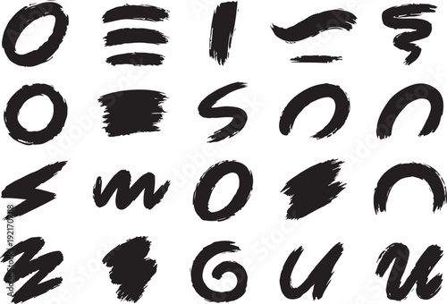 Black textured brush strokes, rough soft ink painted stroke set, abstract grunge artistic texture collection, expressive bold curved brush elements, isolated design resource for poster banner branding