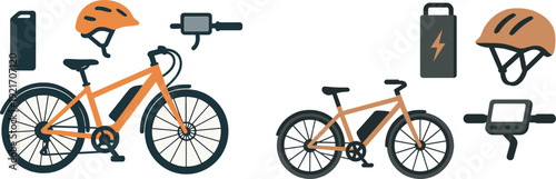 A colorful orange bicycle is displayed alongside essential biking gear, including a bright helmet, a battery charger, and a GPS device, perfect for outdoor cycling activities.