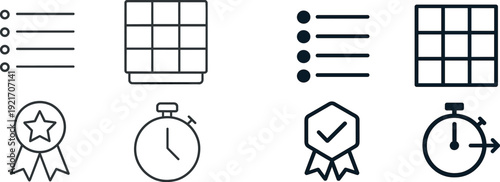 Four line art icons are arranged on a white background, showcasing a checklist, a grid pattern, a medal with a star, and a stopwatch. These symbols signify organization and achievement.