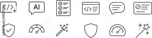 A collection of six simple line icons depicting coding symbols, AI dialogue, task lists, security shields, performance gauges, and creative tools, showcasing technology themes.