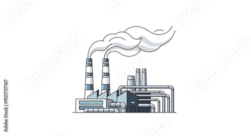 Industrial Factory with Smokestacks Emitting Smoke.