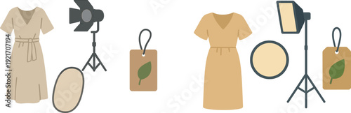A minimalist fashion studio displays a beige dress on a hanger next to a lighting setup and a natural fabric tag with a leaf design, suggesting a design process focused on sustainability.