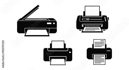 A collection of black printer icons and printed document shapes presented as a striking silhouette high quality professional detailed modern elegant