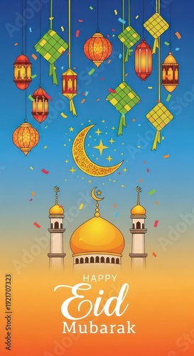 Wallpaper Mural Festive religious greeting featuring ornate lanterns, traditional woven decorations, and a mosque illustration against a colorful sky Torontodigital.ca