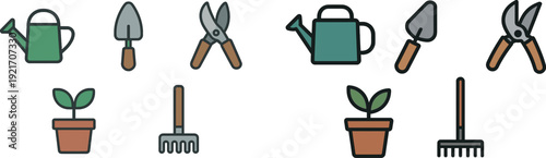 Various gardening tools are neatly displayed, featuring a watering can, trowel, pruners, a potted plant, and a rake. Ideal for anyone interested in gardening or plant care.