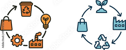 This illustration highlights the sustainability cycle with elements like recycling bins, shopping bags, energy bulbs, gears, and factories, emphasizing eco-friendly practices in urban life.