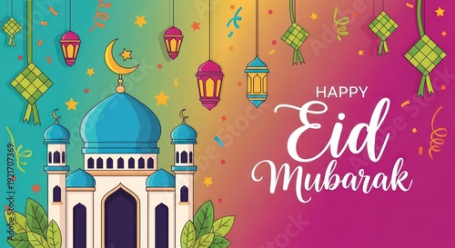 Wallpaper Mural Festive greeting card design featuring an illuminated mosque and celebratory decorations against a colorful background Torontodigital.ca