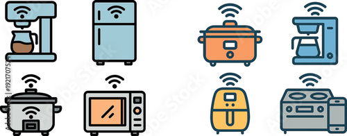 Various kitchen appliances shown, including a coffee maker, refrigerator, slow cooker, and microwave, all equipped with smart technology for convenience.